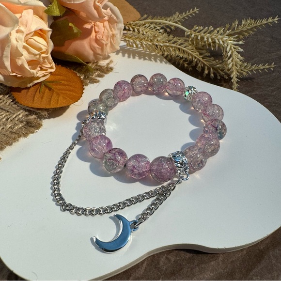 Lavender Pink Beaded Bracelet with Crescent Moon Charm - Picture 3 of 5